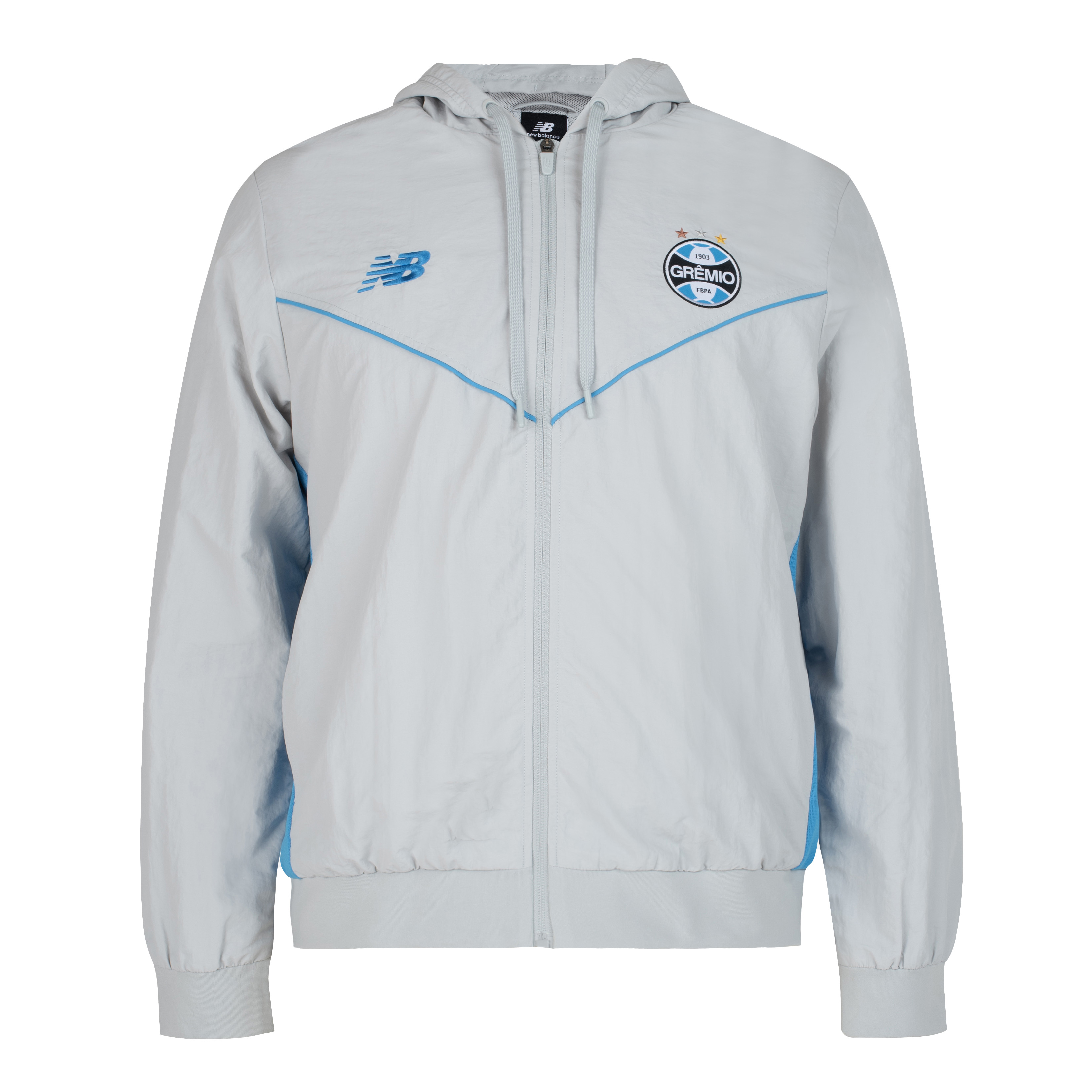Jaqueta masculina cinza com detalhes azul celeste, logo New Balance e escudo do Grêmio na frente
